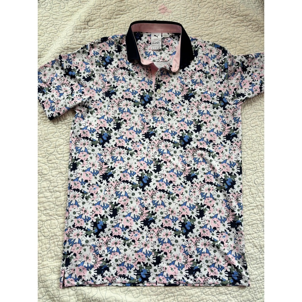 Puma Arnold Palmer Mens Floral Golf Polo Shirt Pink Blue Daisy Print Small NWOT